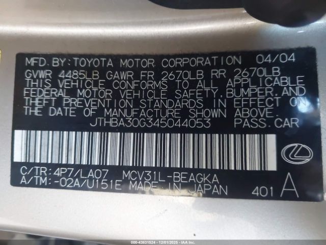 2004 LEXUS ES 330 JTHBA30G345044053 Photo 8