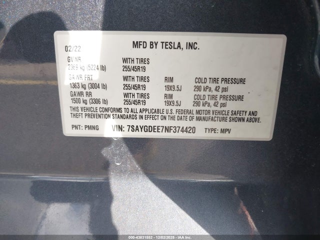 2022 TESLA MODEL Y 7SAYGDEE7NF374420 Photo 8