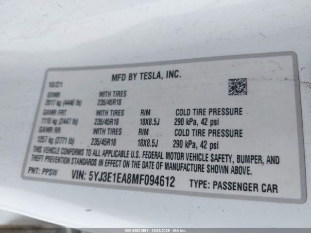 2021 TESLA MODEL 3 5YJ3E1EA8MF094612 Photo 8