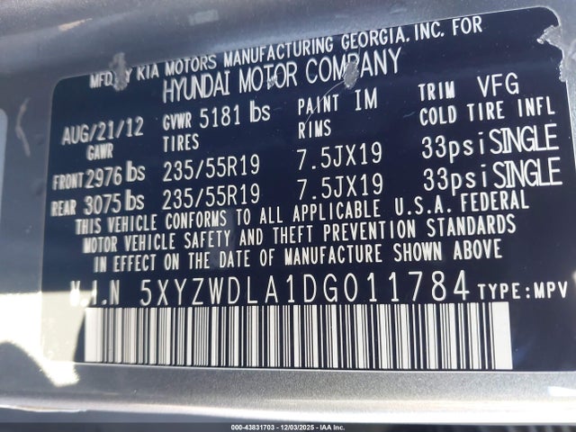 43831703 :رقم المزاد ، 5XYZWDLA1DG011784 vin ، 2013 Hyundai Santa Fe Sport 2.0t مزاد بيع