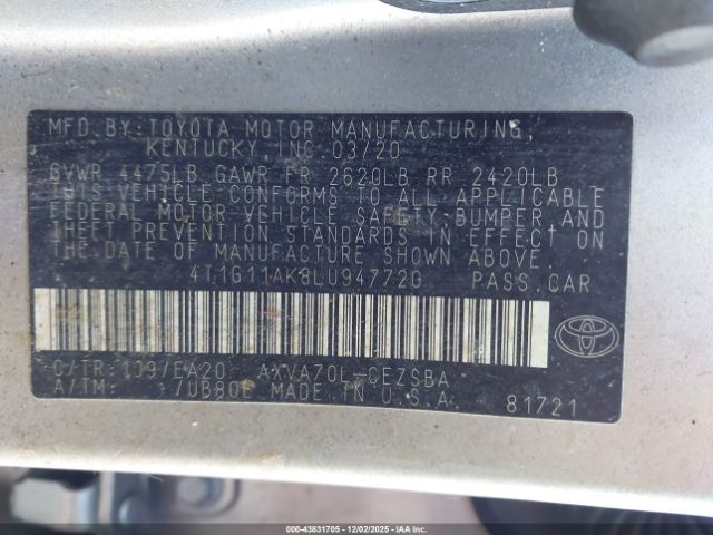 2020 TOYOTA CAMRY 4T1G11AK8LU947720 Photo 8