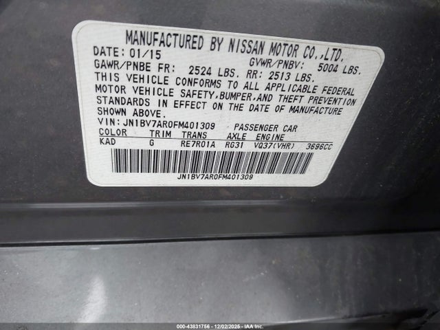 43831756 :رقم المزاد ، JN1BV7AR0FM401309 vin ، 2015 Infiniti Q50 Premium مزاد بيع