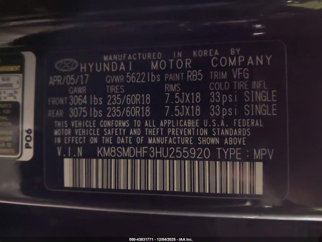 KM8SMDHF3HU255920 Hyundai Santa Fe Se
