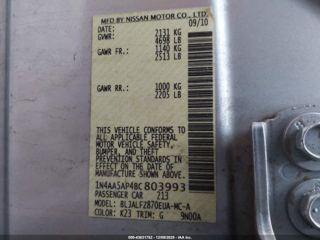 2011 Nissan Maxima 3.5 Sv მანქანა იყიდება აუქციონზე, vin: 1N4AA5AP4BC803993, აუქციონის ნომერი: 43831782