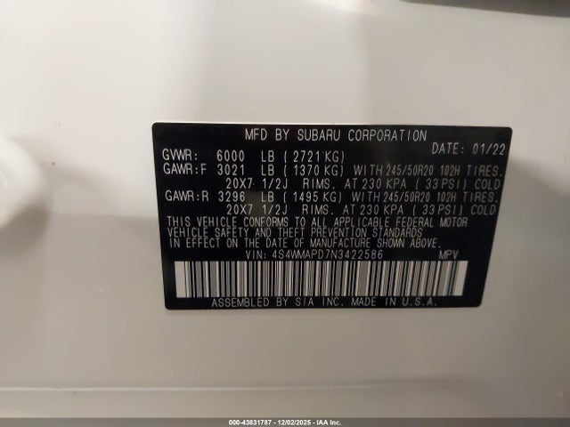 Subaru Ascent Limited 2022 4S4WMAPD7N3422586 Image 9