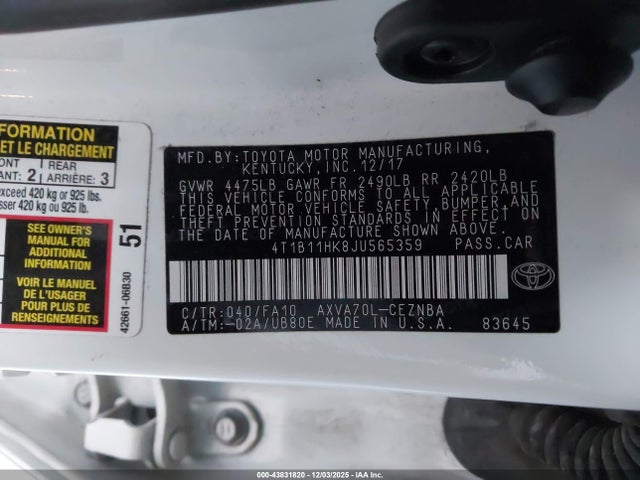 4T1B11HK8JU565359 Toyota CAMRY LE