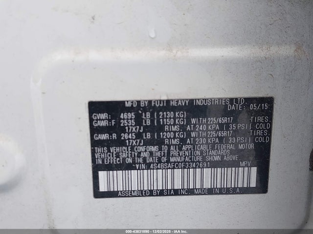43831890 :رقم المزاد ، 4S4BSAFC0F3342691 vin ، 2015 Subaru Outback 2.5i Premium مزاد بيع