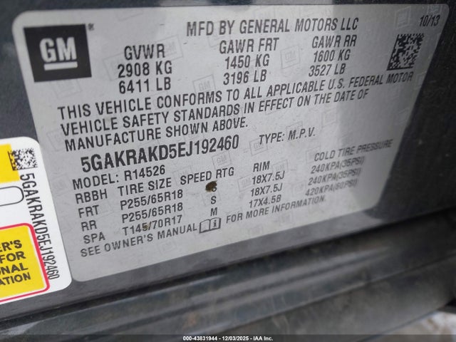 Aukcja sprzedaży 2014 Buick Enclave Convenience, vin: 5GAKRAKD5EJ192460, numer aukcji: 43831944