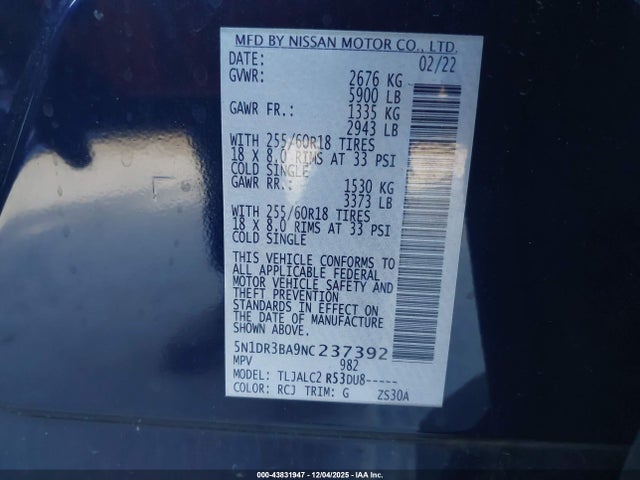 Nissan Pathfinder Sv 2wd 2022 5N1DR3BA9NC237392 Image 9