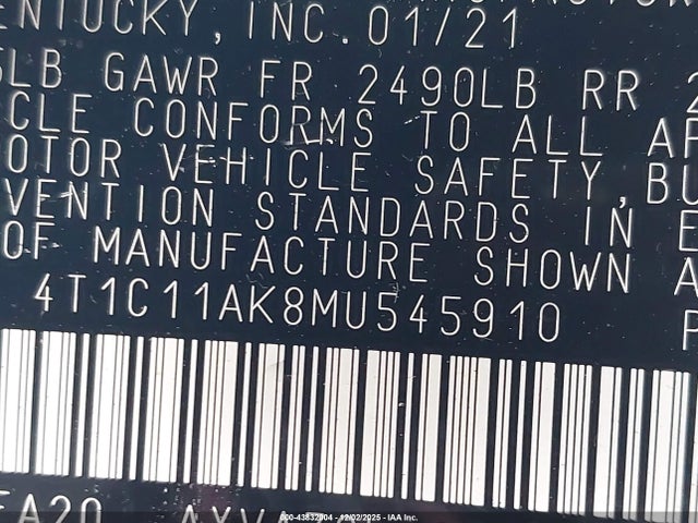 Aukcja sprzedaży 2021 Toyota Camry Le, vin: 4T1C11AK8MU545910, numer aukcji: 43832004