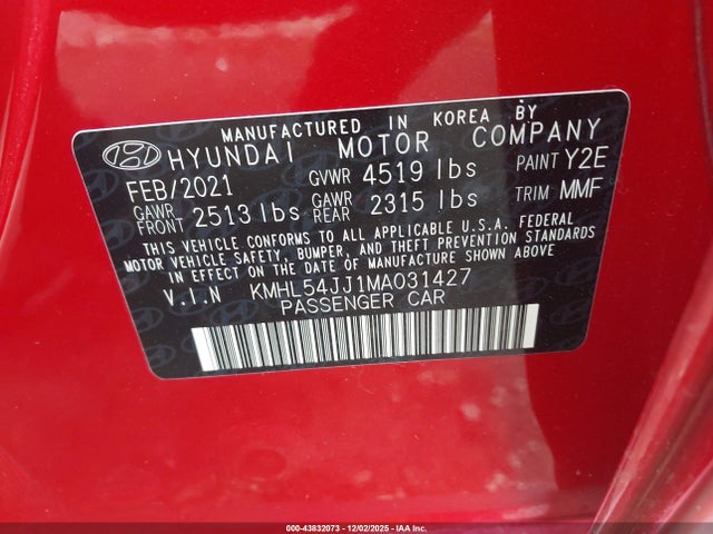 Aukcja sprzedaży 2021 Hyundai Sonata Limited, vin: KMHL54JJ1MA031427, numer aukcji: 43832073