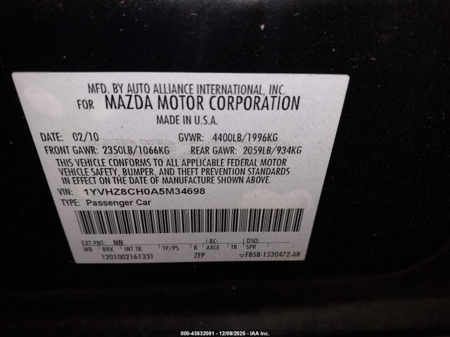Продаж на аукціоні авто 2010 Mazda Mazda6 I Touring, vin: 1YVHZ8CH0A5M34698, номер лоту: 43832081