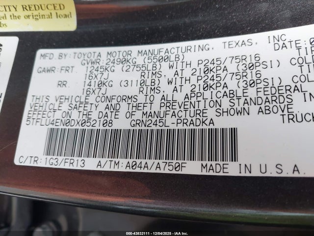Aukcja sprzedaży 2013 Toyota Tacoma Base V6, vin: 5TFLU4EN0DX052108, numer aukcji: 43832111