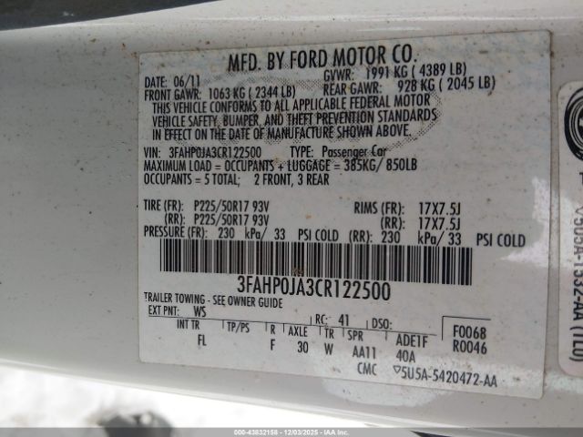 2012 FORD FUSION 3FAHP0JA3CR122500 Photo 8
