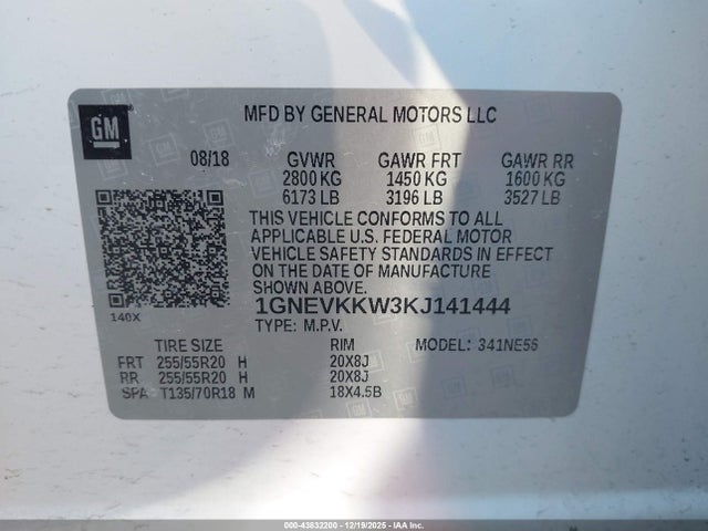2019 Chevrolet Traverse Premier მანქანა იყიდება აუქციონზე, vin: 1GNEVKKW3KJ141444, აუქციონის ნომერი: 43832200