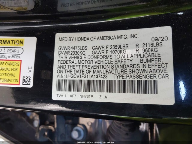 43832204 :رقم المزاد ، 1HGCV1F31LA137423 vin ، 2020 Honda Accord Sport مزاد بيع