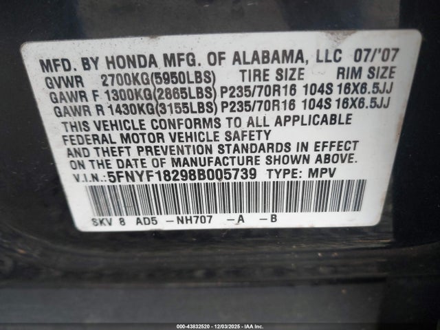 Продаж на аукціоні авто 2008 Honda Pilot Vp, vin: 5FNYF18298B005739, номер лоту: 43832520