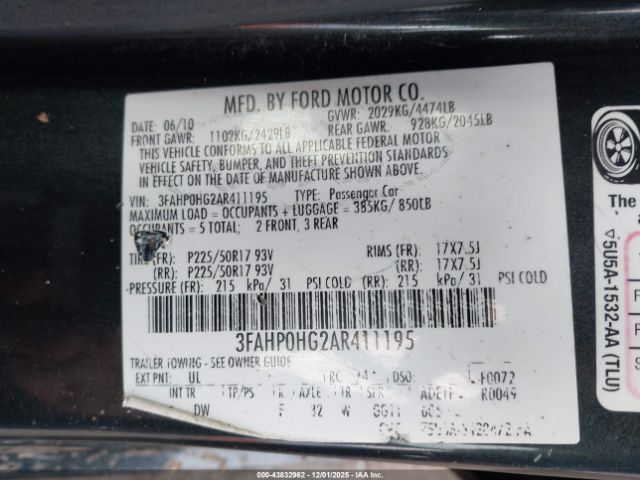 2010 FORD FUSION 3FAHP0HG2AR411195 Photo 8