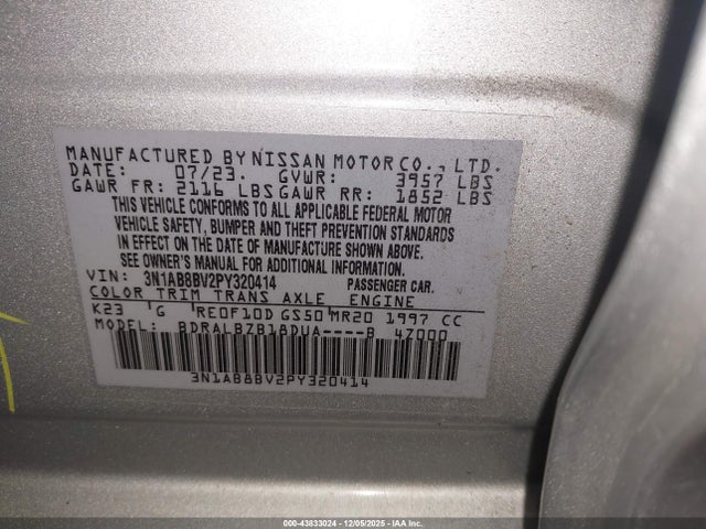 Продаж на аукціоні авто 2023 Nissan Sentra S Xtronic Cvt, vin: 3N1AB8BV2PY320414, номер лоту: 43833024