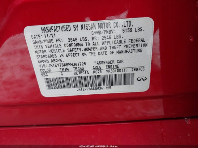 Продаж на аукціоні авто 2022 Infiniti Q50 Luxe Awd, vin: JN1EV7BR6NM341725, номер лоту: 43833057