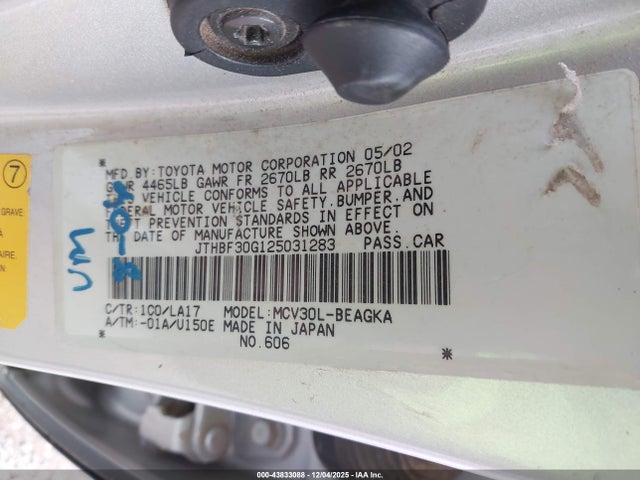 43833088 :رقم المزاد ، JTHBF30G125031283 vin ، 2002 Lexus Es 300 مزاد بيع