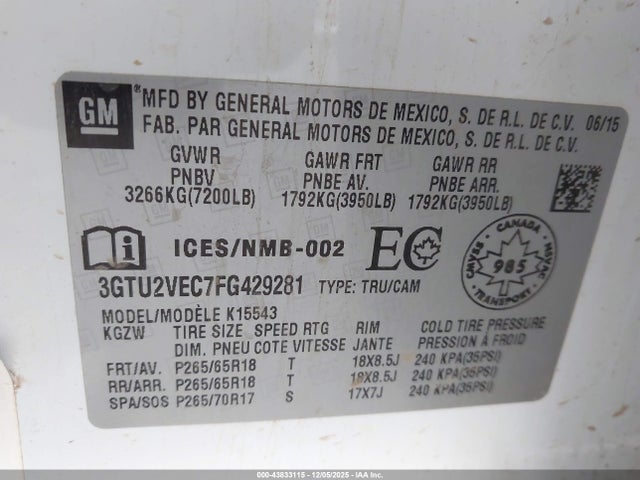 Auction sale of the 2015 Gmc Sierra 1500 Slt, vin: 3GTU2VEC7FG429281, lot number: 43833115
