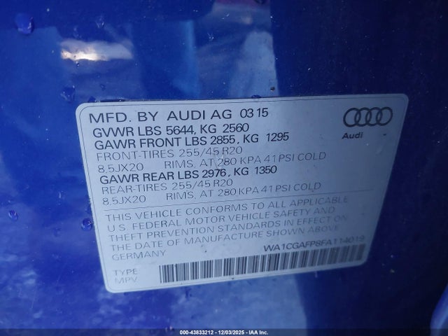 Продажа на аукционе авто 2015 Audi Sq5 3.0t Premium Plus, vin: WA1CGAFP8FA114019, номер лота: 43833212