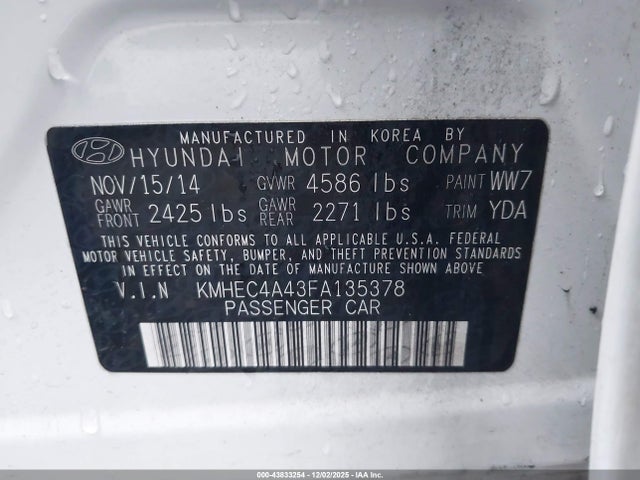 Продажа на аукционе авто 2015 Hyundai Sonata Hybrid, vin: KMHEC4A43FA135378, номер лота: 43833254