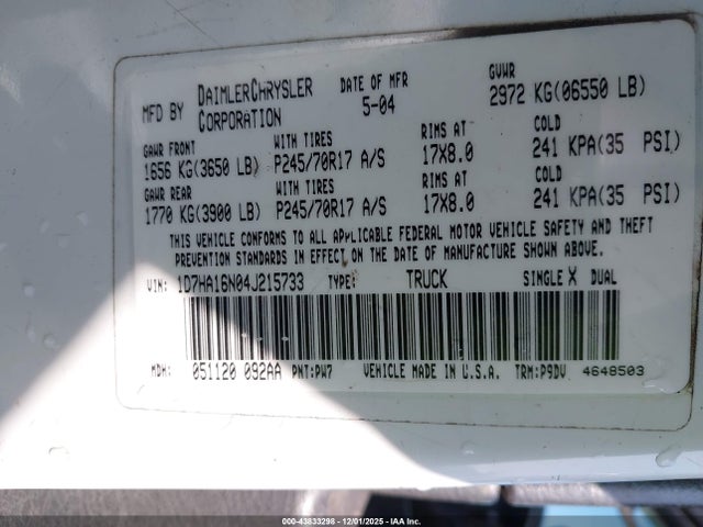 Продаж на аукціоні авто 2004 Dodge Ram 1500 St, vin: 1D7HA16N04J215733, номер лоту: 43833298