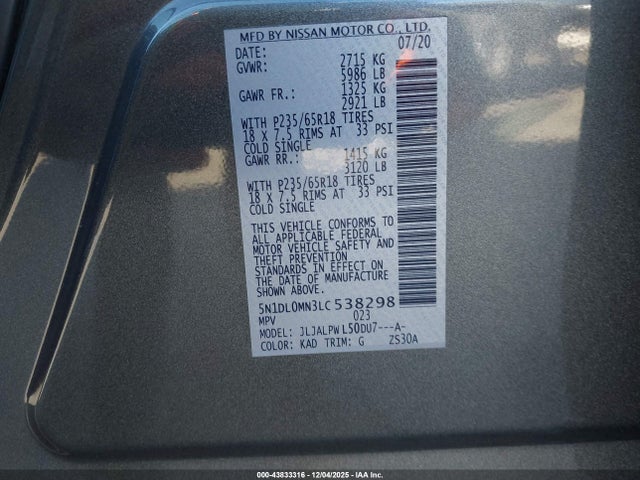 5N1DL0MN3LC538298 Infiniti QX60 PURE