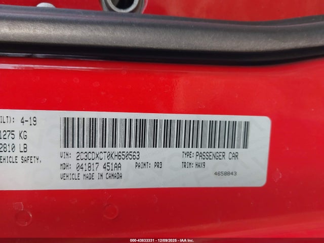Aukcja sprzedaży 2019 Dodge Charger R/t Rwd, vin: 2C3CDXCT0KH650563, numer aukcji: 43833331