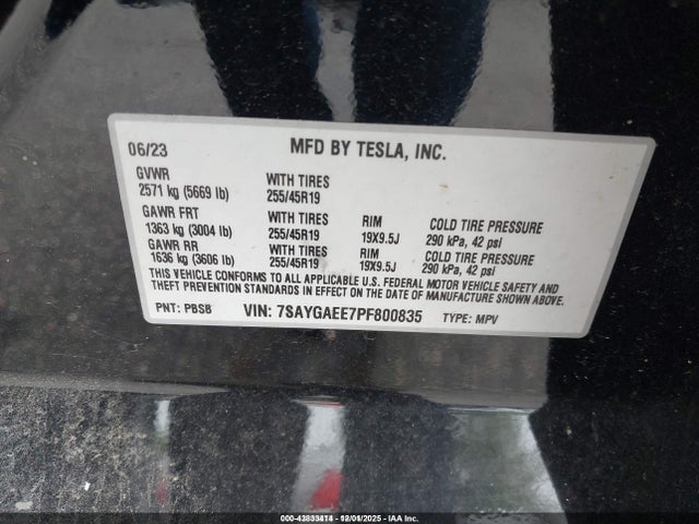 Продаж на аукціоні авто 2023 Tesla Model Y Awd/long Range Dual Motor All-wheel Drive, vin: 7SAYGAEE7PF800835, номер лоту: 43833414