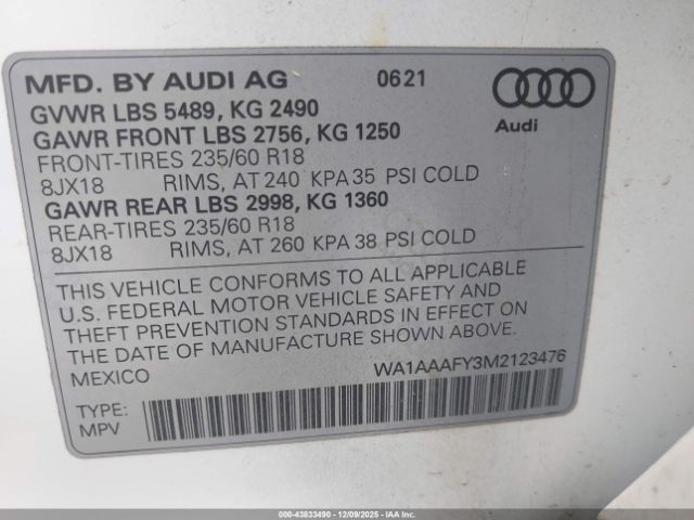 2021 AUDI Q5 WA1AAAFY3M2123476 Photo 8