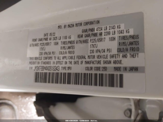 Auction sale of the 2022 Mazda Cx-5 2.5 S Select, vin: JM3KFBBM4N0618343, lot number: 43833529