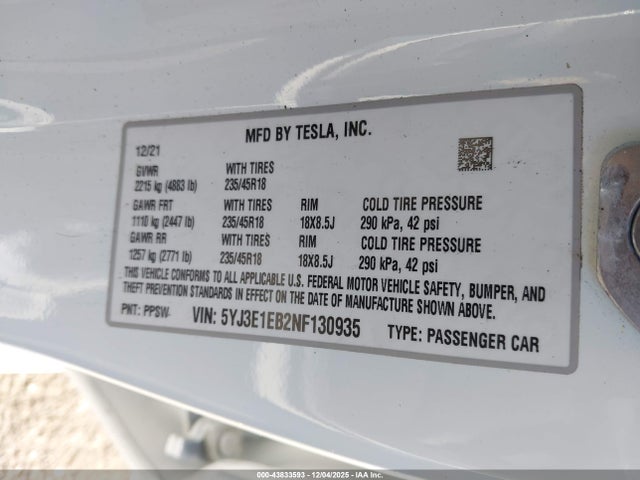 2022 TESLA MODEL 3 5YJ3E1EB2NF130935 Photo 8