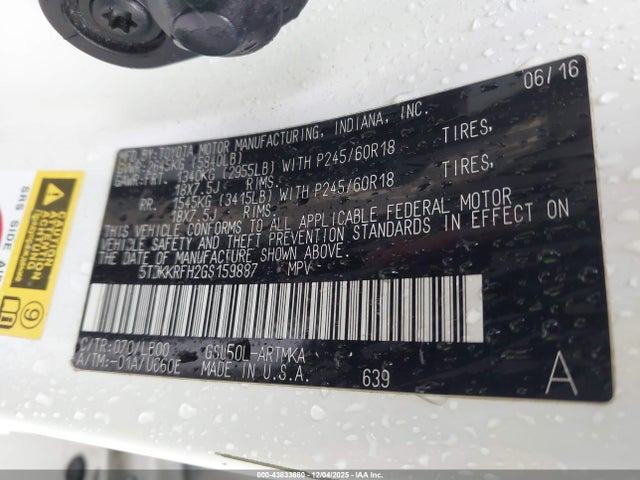5TDKKRFH2GS159887 Toyota Highlander Xle V6