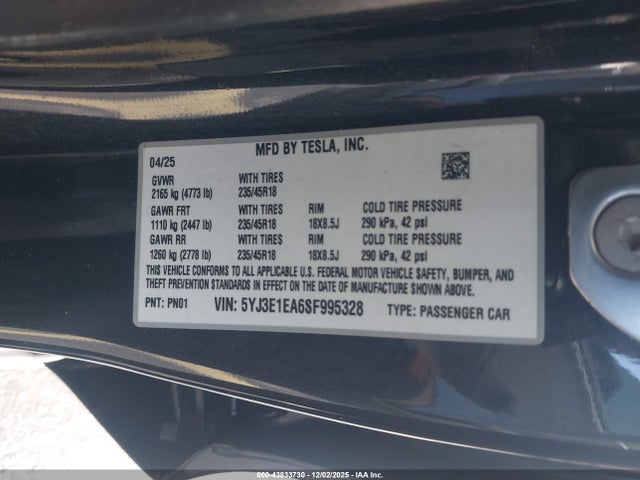 2025 TESLA MODEL 3 5YJ3E1EA6SF995328 Photo 8