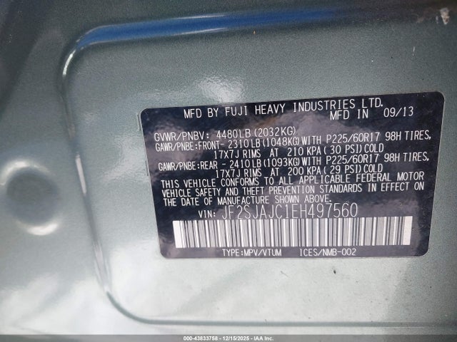 43833758 :رقم المزاد ، JF2SJAJC1EH497560 vin ، 2014 Subaru Forester 2.5i Limited مزاد بيع