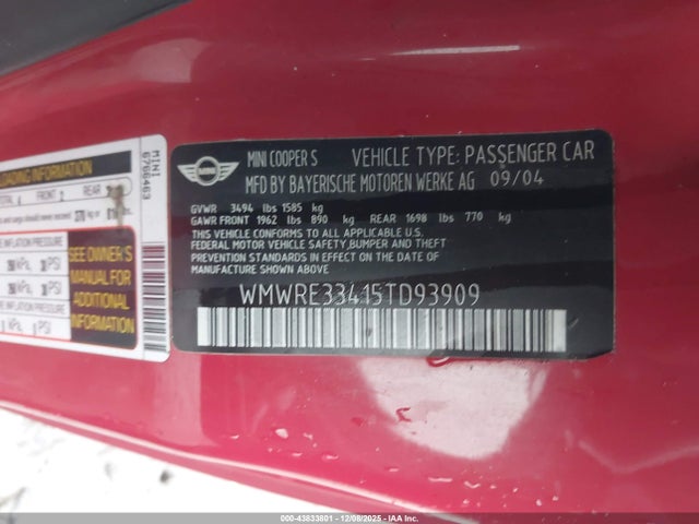 2005 MINI COOPER S WMWRE33415TD93909 Photo 8