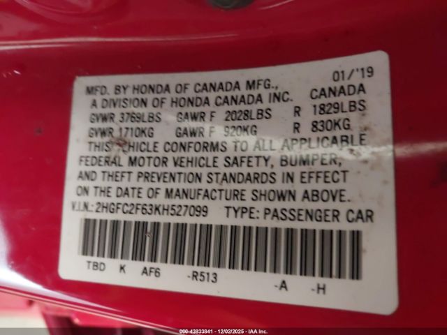 2019 HONDA CIVIC 2HGFC2F63KH527099 Photo 8