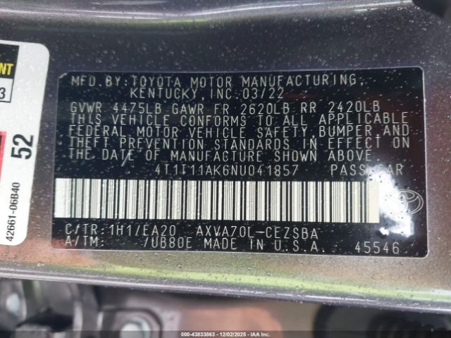 2022 TOYOTA CAMRY 4T1T11AK6NU041857 Photo 8