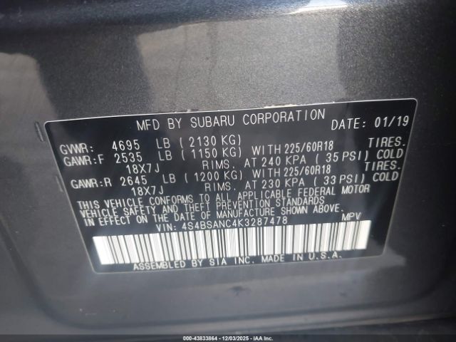 2019 SUBARU OUTBACK 4S4BSANC4K3287478 Photo 8