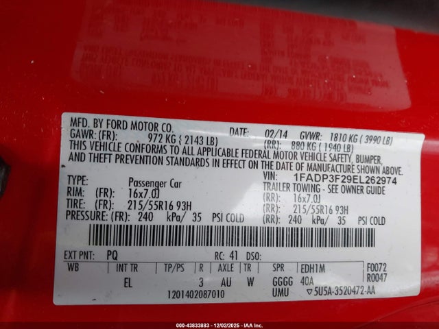 43833883 :رقم المزاد ، 1FADP3F29EL262974 vin ، 2014 Ford Focus Se مزاد بيع