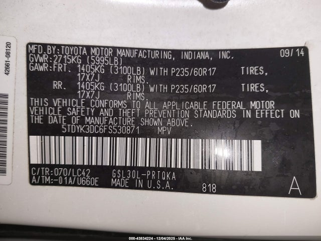 43834224 :رقم المزاد ، 5TDYK3DC6FS530871 vin ، 2015 Toyota Sienna Xle 8 Passenger مزاد بيع