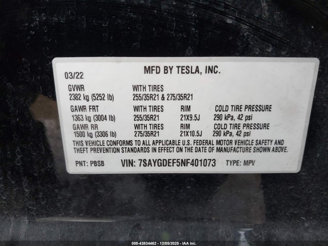 Auction sale of the 2022 Tesla Model Y Performance Dual Motor All-wheel Drive, vin: 7SAYGDEF5NF401073, lot number: 43834462