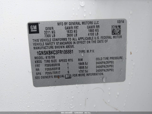 1GNSKBKC3FR106881 Chevrolet Tahoe Lt