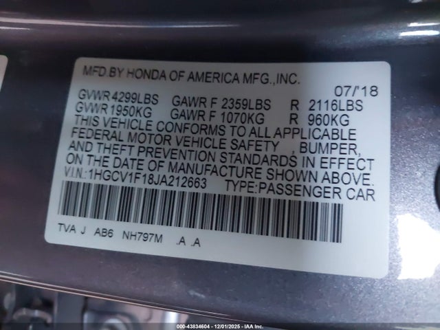 1HGCV1F18JA212663 Honda ACCORD LX