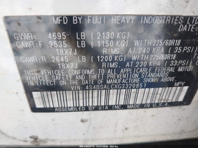 43834770 :رقم المزاد ، 4S4BSALCXG3320851 vin ، 2016 Subaru Outback 2.5i Limited مزاد بيع