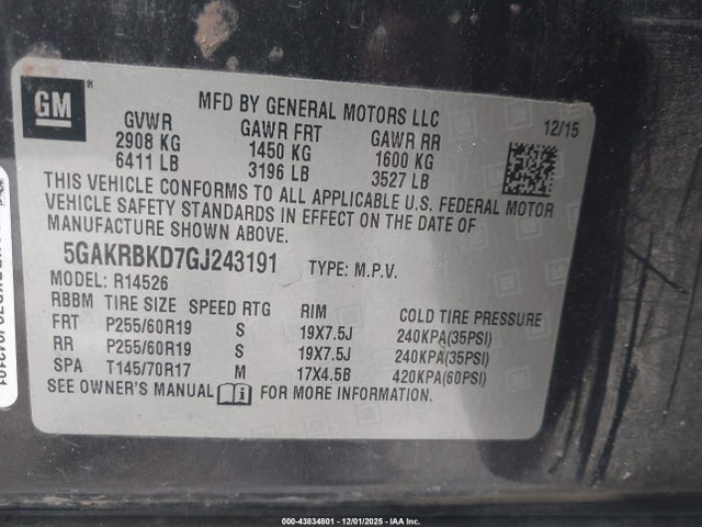 43834801 :رقم المزاد ، 5GAKRBKD7GJ243191 vin ، 2016 Buick Enclave Leather مزاد بيع
