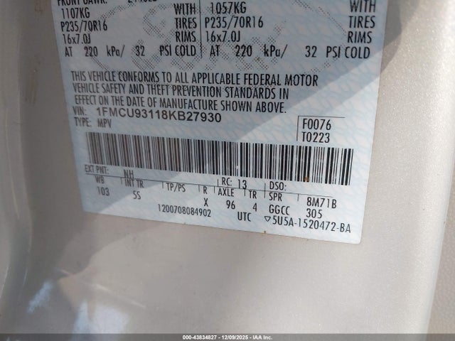 43834827 :رقم المزاد ، 1FMCU93118KB27930 vin ، 2008 Ford Escape Xlt مزاد بيع